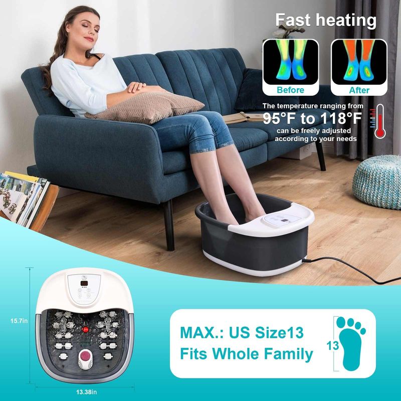 Foot Spa Bath Massager with Heat, Vibration, Temperature Control, Jets, Bubbles, Epsom Salt and Red Light, Foot Soaker with 22 Shiatsu Massage Rollers, Foot Bath Massager for Relaxation, Large, Grey