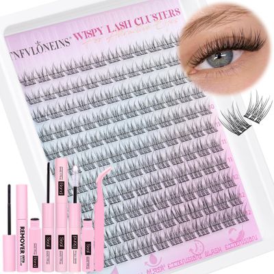 Wispy Lash Clusters Kit Natural Lash Extension Kit 9-12MM Cluster Eyelash Extensions Kit DIY Eyelash Extension Kit C Curl Individual Lashes Clusters Eyelash Extension with Lash Remover by TNFVLONEINS