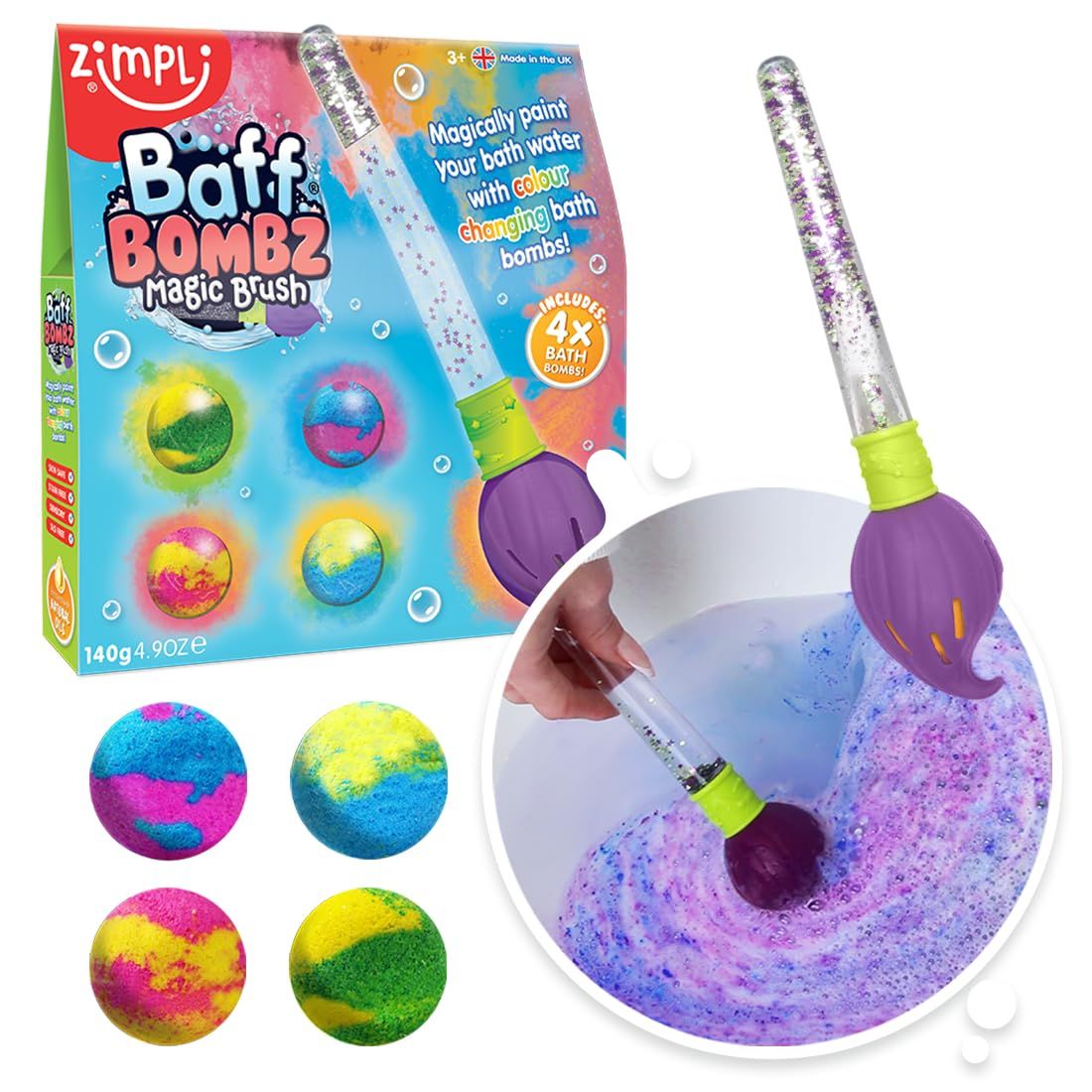 Zimpli Kids Baff Bombz Magic Brush, 4 x Bath Bombs, Magically Paint Your Bath Water, Creative Bath Toy for Children, Birthday Gifts for Boys &amp; Girls, Pocket Money Toy, Moisturising Bath Fizzers