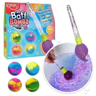 Zimpli Kids Baff Bombz Magic Brush, 4 x Bath Bombs, Magically Paint Your Bath Water, Creative Bath Toy for Children, Birthday Gifts for Boys &amp; Girls, Pocket Money Toy, Moisturising Bath Fizzers