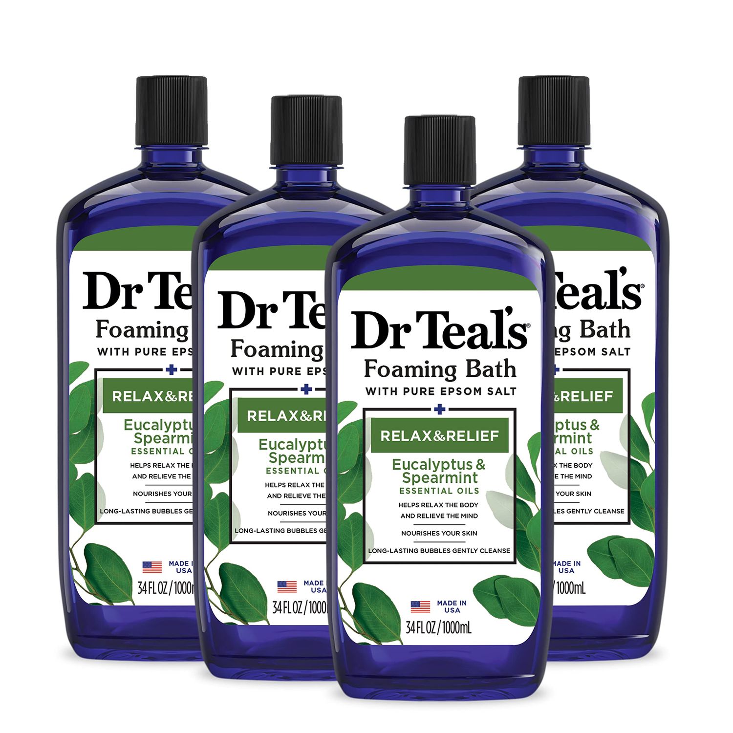 Dr Teal&#39;s Foaming Bath with Pure Epsom Salt, Relax &amp; Relief with Eucalyptus &amp; Spearmint, 34 fl oz (Pack of 4) (Packaging May Vary)