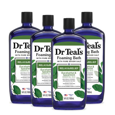 Dr Teal&#39;s Foaming Bath with Pure Epsom Salt, Relax &amp; Relief with Eucalyptus &amp; Spearmint, 34 fl oz (Pack of 4) (Packaging May Vary)