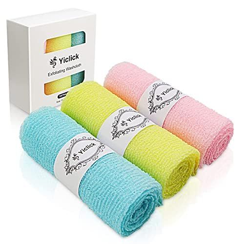 Yiclick Exfoliating Washcloth Towel 3 Pack, Japanese Exfoliating Bath Wash Cloth for Body Exfoliation, Korean Back Scrubber Washer for Shower, African Net Sponge Brush Loofah Exfoliator (Colors)
