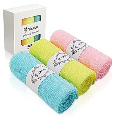 Yiclick Exfoliating Washcloth Towel 3 Pack, Japanese Exfoliating Bath Wash Cloth for Body Exfoliation, Korean Back Scrubber Washer for Shower, African Net Sponge Brush Loofah Exfoliator (Colors)