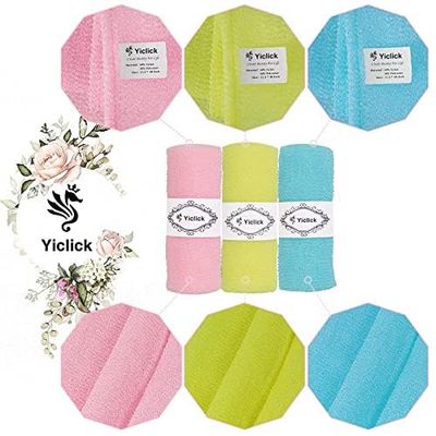 Yiclick Exfoliating Washcloth Towel 3 Pack, Japanese Exfoliating Bath Wash Cloth for Body Exfoliation, Korean Back Scrubber Washer for Shower, African Net Sponge Brush Loofah Exfoliator (Colors)