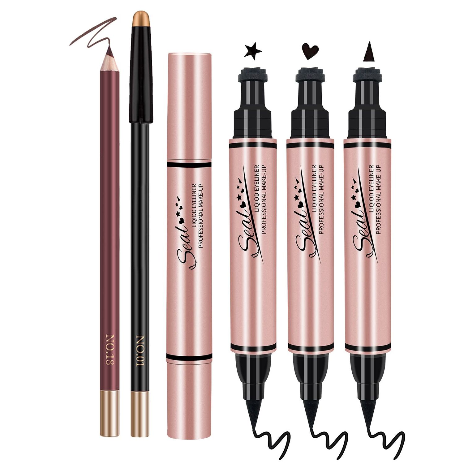 POPMISOLER 5 Pcs Liquid Eyeliner Pen Stamp Set, Dual Ended Black Eyeliner with HeartStarTriangle Shape Eye Liner Stamp Waterproof Long Lasting Stamp Makeup Eyeliner for Women Girls