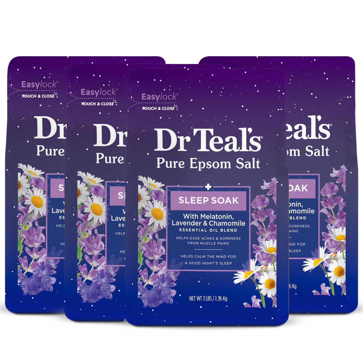 Dr Teal&#39;s Pure Epsom Magnesium Salt Soak, Sleep Blend with Melatonin, Lavender &amp; Essential Oils, 3 lb (Pack of 4)