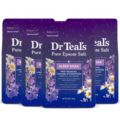 Dr Teal&#39;s Pure Epsom Magnesium Salt Soak, Sleep Blend with Melatonin, Lavender &amp; Essential Oils, 3 lb (Pack of 4)