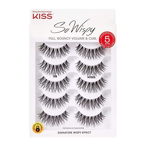 KISS So Wispy Fake Eyelashes Multipack #09, Easy-To-Apply Lightweight False Eyelashes, 100% Cruelty-Free Natural Human Hair, Reusable and Contact Lens Friendly, 5 Pairs