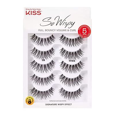 KISS So Wispy Fake Eyelashes Multipack #09, Easy-To-Apply Lightweight False Eyelashes, 100% Cruelty-Free Natural Human Hair, Reusable and Contact Lens Friendly, 5 Pairs
