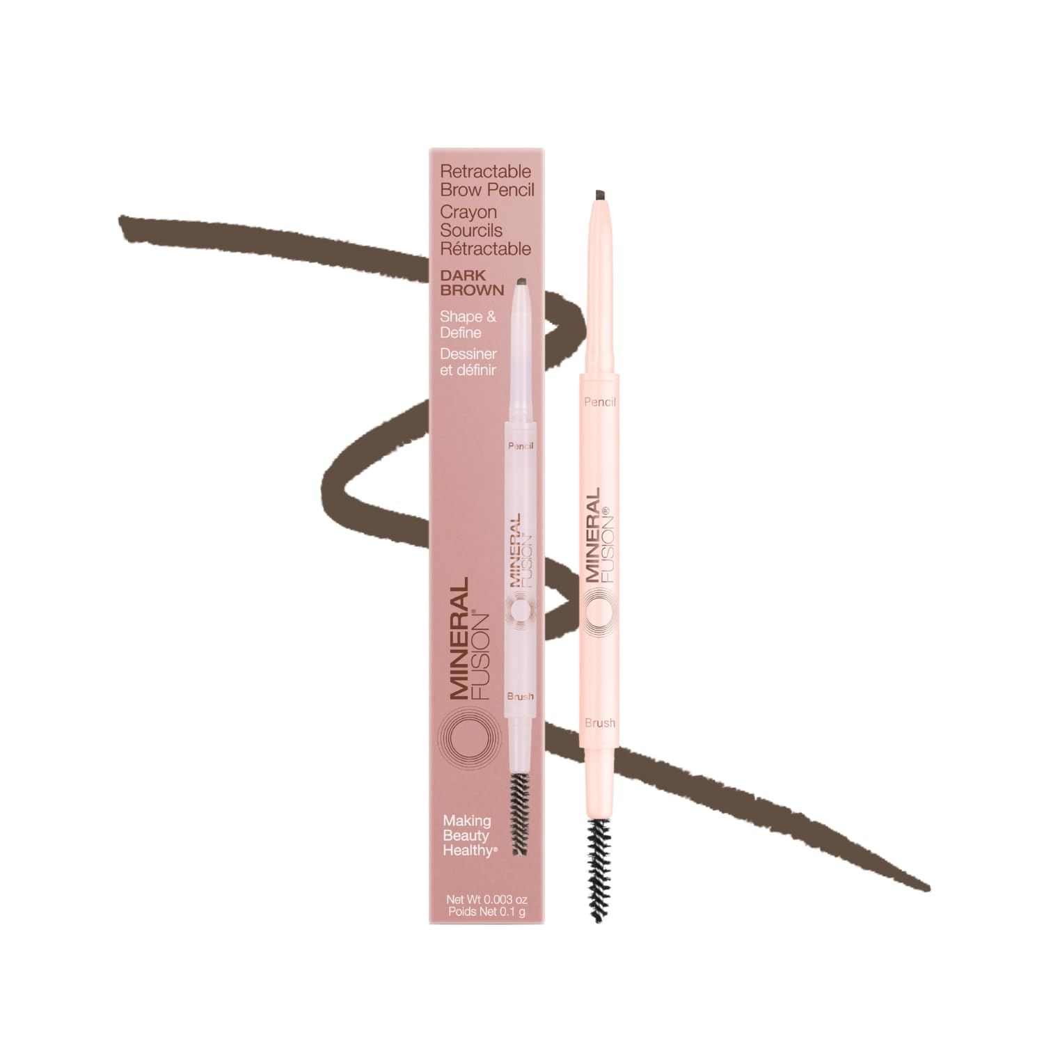 Mineral Fusion Retractable Brow Pencil, Shape &amp; Define Eyebrow Pencil with Blending Spoolie Brush, Velvety Smooth &amp; Natural Eye Makeup, Dark Brown, 0.003 oz