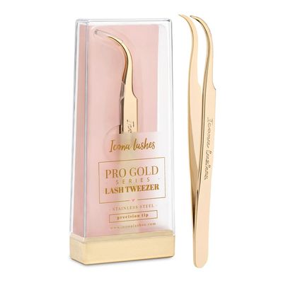 Icona Lashes Hair Removal &amp; Eyelash Tweezer - J-curved Tip for Precise Plucking - Applicator Tool for False Eyelash Clusters &amp; Lash Extensions - 24K Gold Plating, Stainless Steel - Case Included