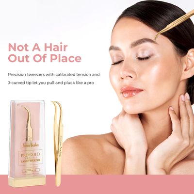 Icona Lashes Hair Removal & Eyelash Tweezer - J-curved Tip for Precise Plucking - Applicator Tool for False Eyelash Clusters & Lash Extensions - 24K Gold Plating, Stainless Steel - Case Included