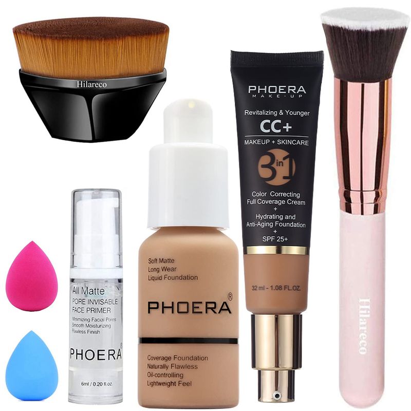 PHOERA Foundation, PHOERA CC Cream Color Correcting Anti Aging Hydrating Serum &amp;SPF 25, PHOERA Primer, PHOERA Makeup Set, Kabuki Makeup Brushes Foundation Brush Powder (105 Sand 160 Sand CC Cream)
