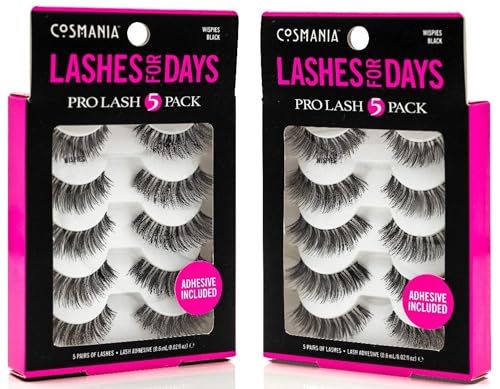 Cosmania Lashes for Days False Eyelashes (Wispies) - Easy to Apply, Gives Lashes Soft, Wispie Look | Noticeably Fuller Looking Lashes | Adhesive Included | Cruelty Free (5 Pair2 Pack - Black)