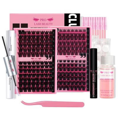 PRO DIY Lash Extension Kit 4 Styles Mixed Lash Extension Kit Lash Clusters Kit with 208 Pcs Cluster Lashes Lash Bond and Seal Lash Remover Eyelash Applicator for Beginner (4 Styles Mix-A)