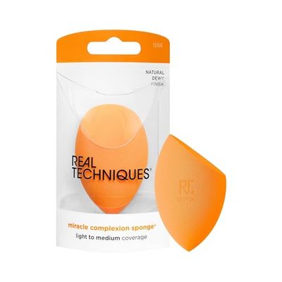 Real Techniques Miracle Complexion Sponge, Makeup Blending Sponge, For Liquid &amp; Cream Foundation, Offers Light To Medium Coverage, Natural, Dewy Makeup, Orange Sponge, Latex-Free Foam, 1 Count