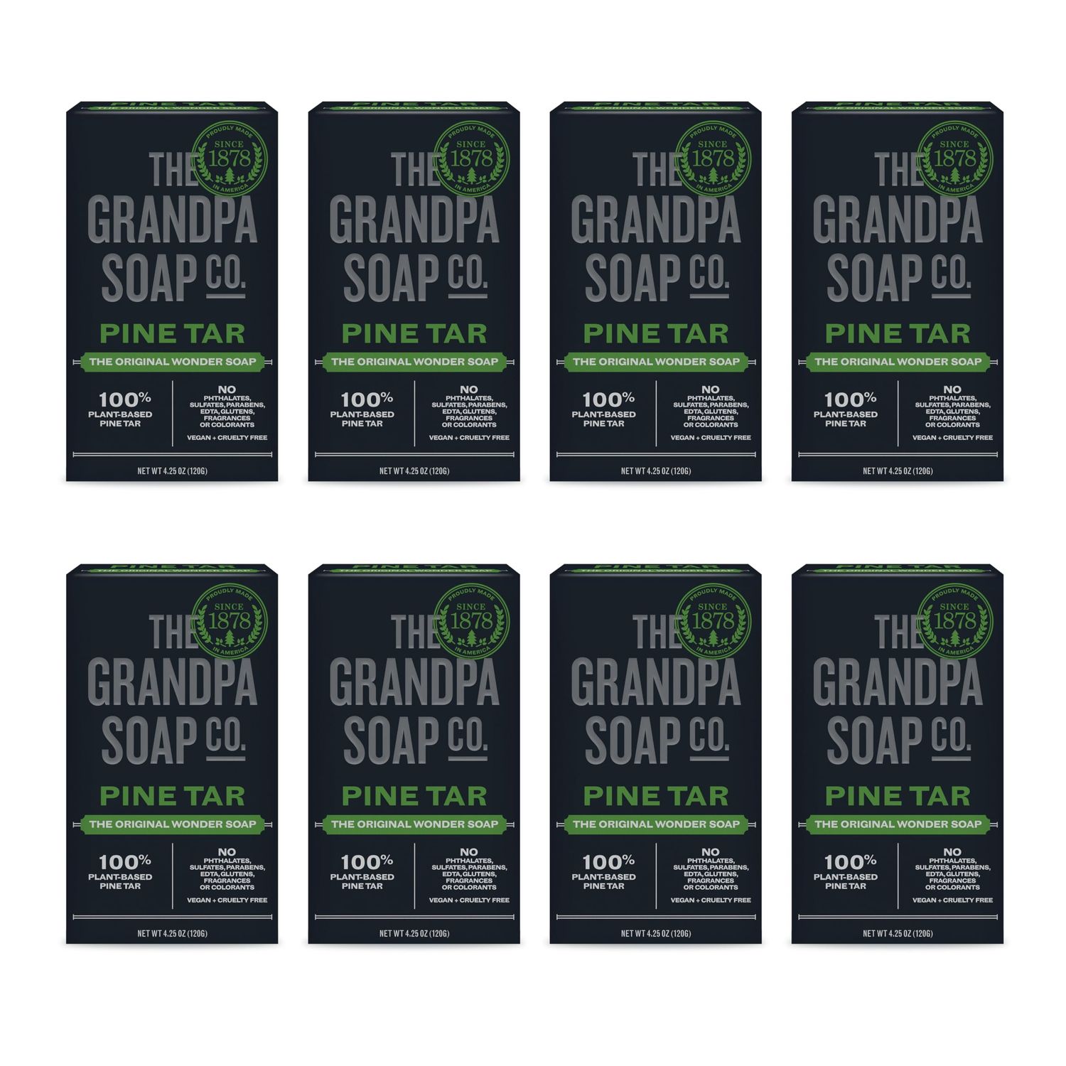 The Grandpa Soap Company Pine Tar Bar Soap for Men- Made With Pine Tar Oil, 3 in 1 Cleanser Deodorizer and Moisturizer, Dermatologist Tested, Safe for Sensitive Skin, 4.25 Oz, 8 Pack