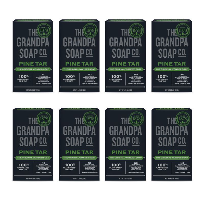 The Grandpa Soap Company Pine Tar Bar Soap for Men- Made With Pine Tar Oil, 3 in 1 Cleanser Deodorizer and Moisturizer, Dermatologist Tested, Safe for Sensitive Skin, 4.25 Oz, 8 Pack