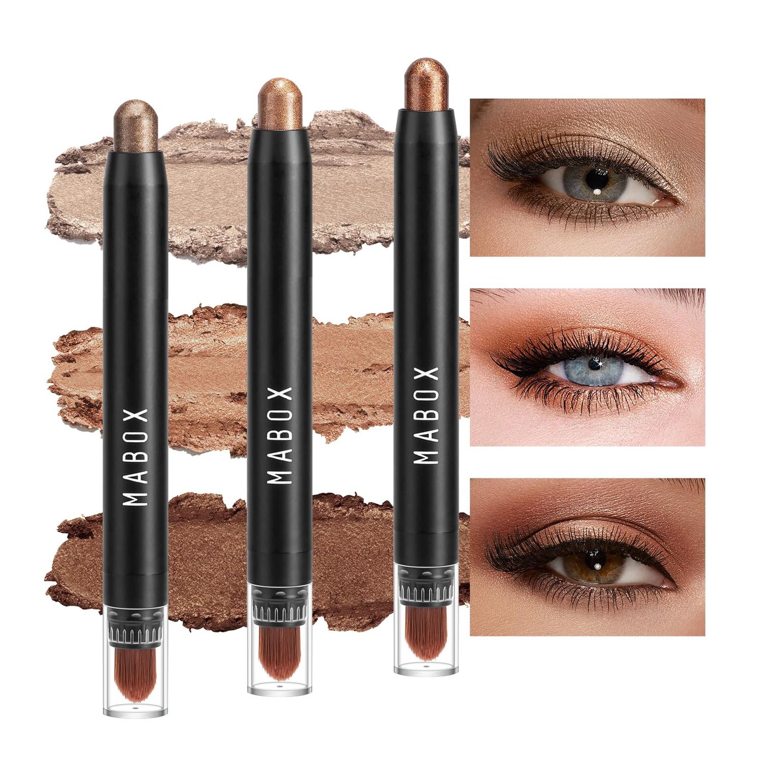 Teenanseen Eyeshadow Stick, 3 Pcs Cream Eye Shadow Sticks, Brilliant Eye Brightener Stick with Brush, Waterproof Shimmer Eyeshadow Stick Set for Eyes, Long Lasting Brown Eyeshadow Pencil-Earth Caramel