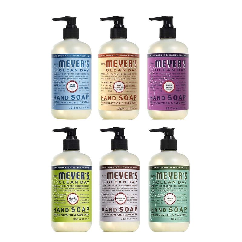 Mrs. Meyer&#39;s Clean Day Liquid Hand Soap 6 Scent Variety, Lavender, Rainwater, Oat Blossom, Plumberry, Lemon Verbena, Basil, 12.5 oz, 6 Count