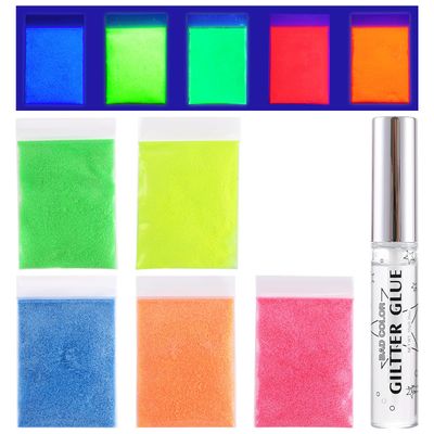 BADCOLOR 5 Pack UV Glow Body Glitters  Quick Dry Glue Kit, Neon Powder for Face, Hair, Eye Makeup, Nail Art, Cosmetic Loose Glitter for Music Festival Carnival Concert Party Rave Accessories