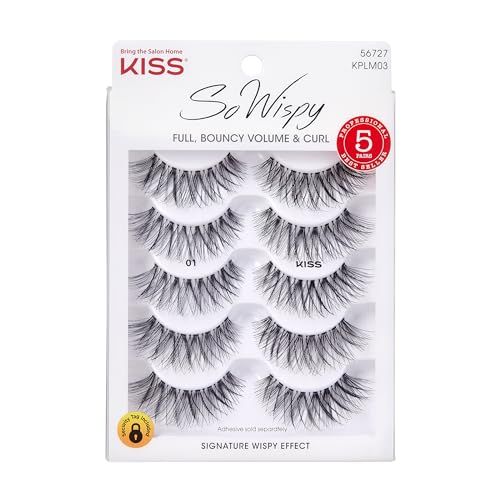 KISS So Wispy Fake Eyelashes Multipack #01, Easy-To-Apply Lightweight False Eyelashes, 100% Cruelty-Free Natural Human Hair, Reusable and Contact Lens Friendly, 5 Pairs