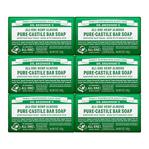 Dr. Bronner&#39;s - Pure-Castile Bar Soap (Almond, 5 oz, 6-Pack) - Made with Organic Oils, For Face, Body &amp; Hair, Gentle &amp; Moisturizing, Biodegradable, Vegan, Cruelty-free, Non-GMO