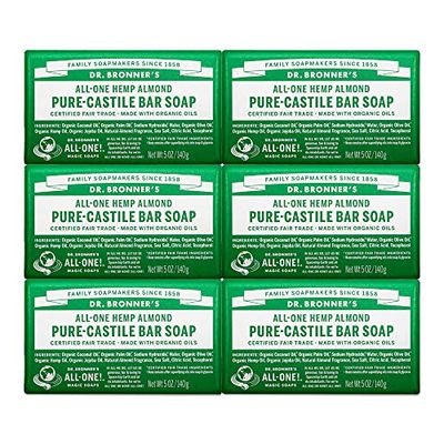 Dr. Bronner&#39;s - Pure-Castile Bar Soap (Almond, 5 oz, 6-Pack) - Made with Organic Oils, For Face, Body &amp; Hair, Gentle &amp; Moisturizing, Biodegradable, Vegan, Cruelty-free, Non-GMO
