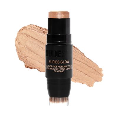 Nudestix Nudies Glow Highlighter Stick wBlending Brush, Dewy Cream Makeup for Cheeks, Eyes, Lips, Soft Metallic Glowy Face Color and Contour, 0.28 oz (8g) (Bubbly Bebe)