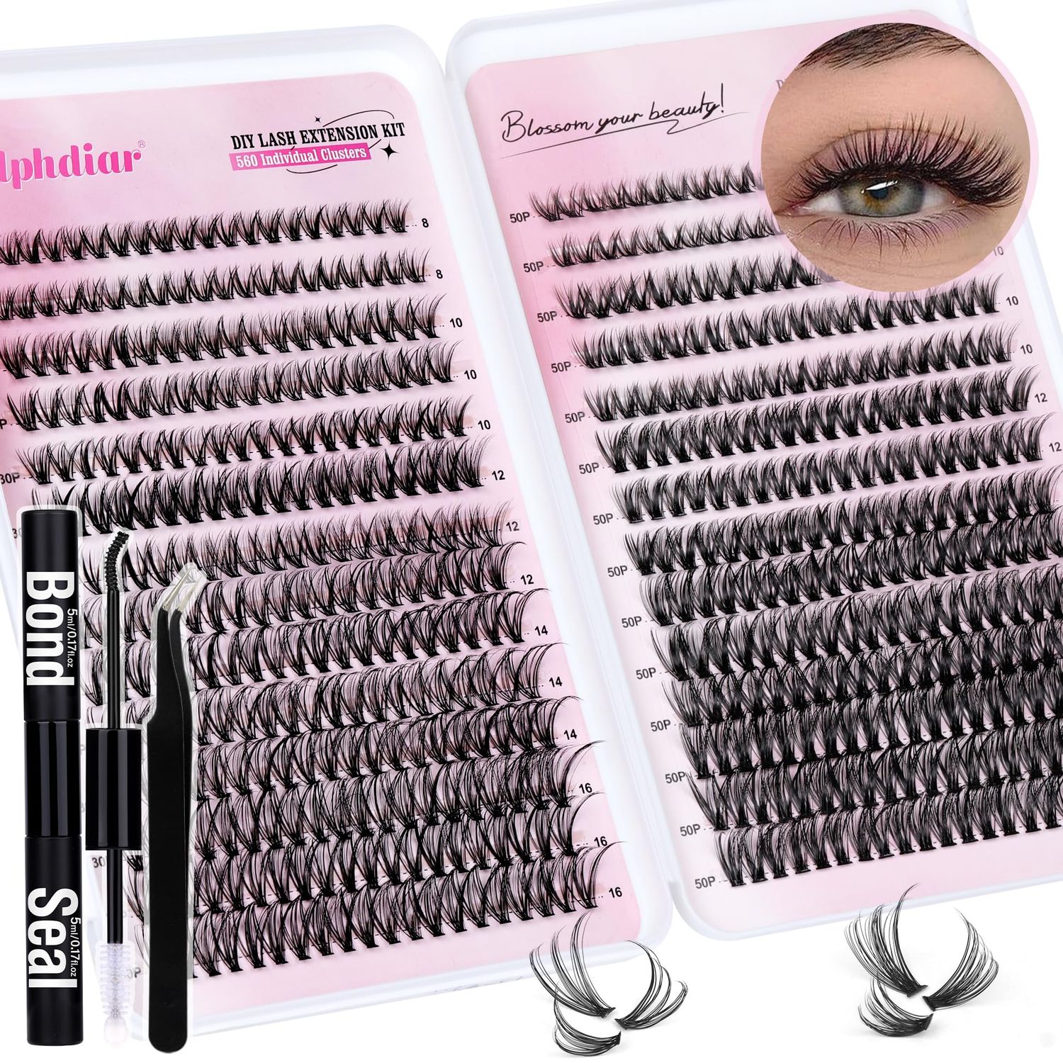 Lash Extension Kit 30D&amp;50D Eyelash Extension Kit D Curl Lash Clusters Kit with Lash Bond and Seal 560 Pcs Natural Lashes Extension Kit with Lash Tweezers by Calphdiar (30D50D-D-8-16MIX KIT)