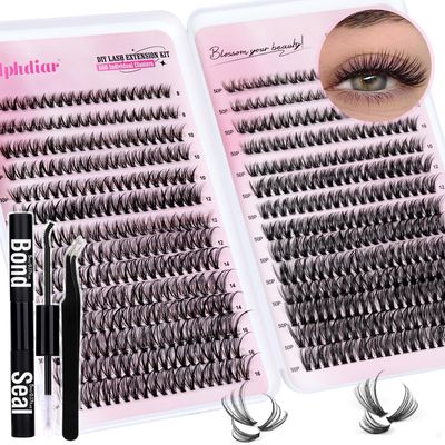 Lash Extension Kit 30D&amp;50D Eyelash Extension Kit D Curl Lash Clusters Kit with Lash Bond and Seal 560 Pcs Natural Lashes Extension Kit with Lash Tweezers by Calphdiar (30D50D-D-8-16MIX KIT)