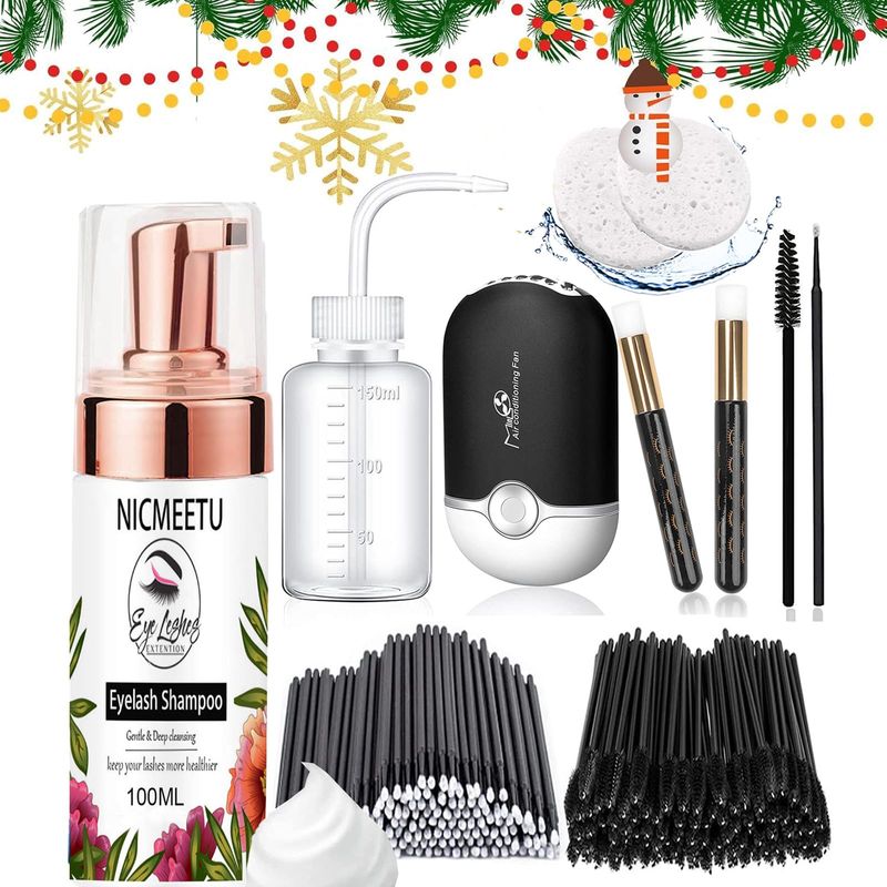 NICMEETU 100ML Lash Shampoo for Lash Extensions.Gentle Eyelash Cleanser 1 Pcs USB Lash Fan 50 Pcs Eyelash Brushes 100 Pcs Micro Brush 2 Pcs Lash Shampoo Brush 2 Pcs compressed Sponge and Rinse Bottle