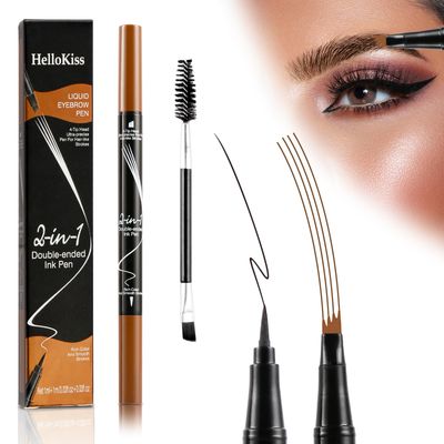 2 in 1 Magic Eyebrow Pencil, Eye Brow Pencils for Women with 4-Fork-Tip &amp; Precise Brush-Tip, Fine Stroke Microblading Eyebrow PencilNatural Hair-Like Brows, Last All-Day (Light Brown)