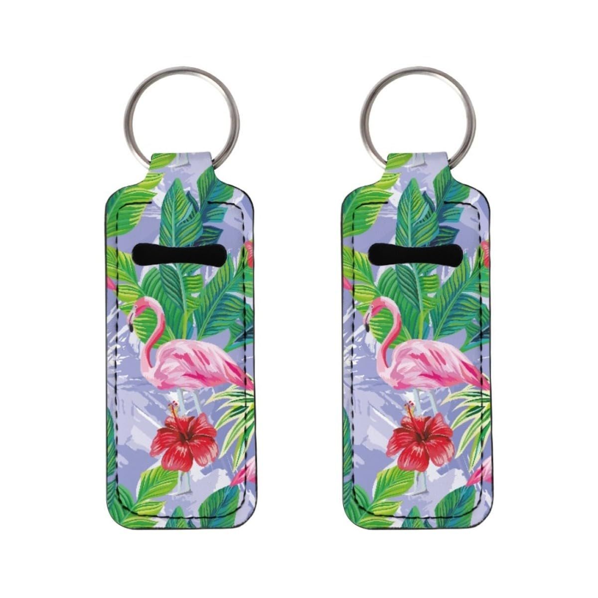 ENLACHIC 2Pcs Flamingo Print Chapstick Holder Keychain Bulk Lip Balm Holder Chapstick Portable Lipstick Holder Keychain for Women Girls,Flamingo Banana Leaf