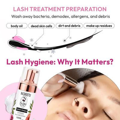 NICMEETU 100ML Lash Shampoo for Lash Extensions.Gentle Eyelash Cleanser 1 Pcs USB Lash Fan 50 Pcs Eyelash Brushes 100 Pcs Micro Brush 2 Pcs Lash Shampoo Brush 2 Pcs compressed Sponge and Rinse Bottle