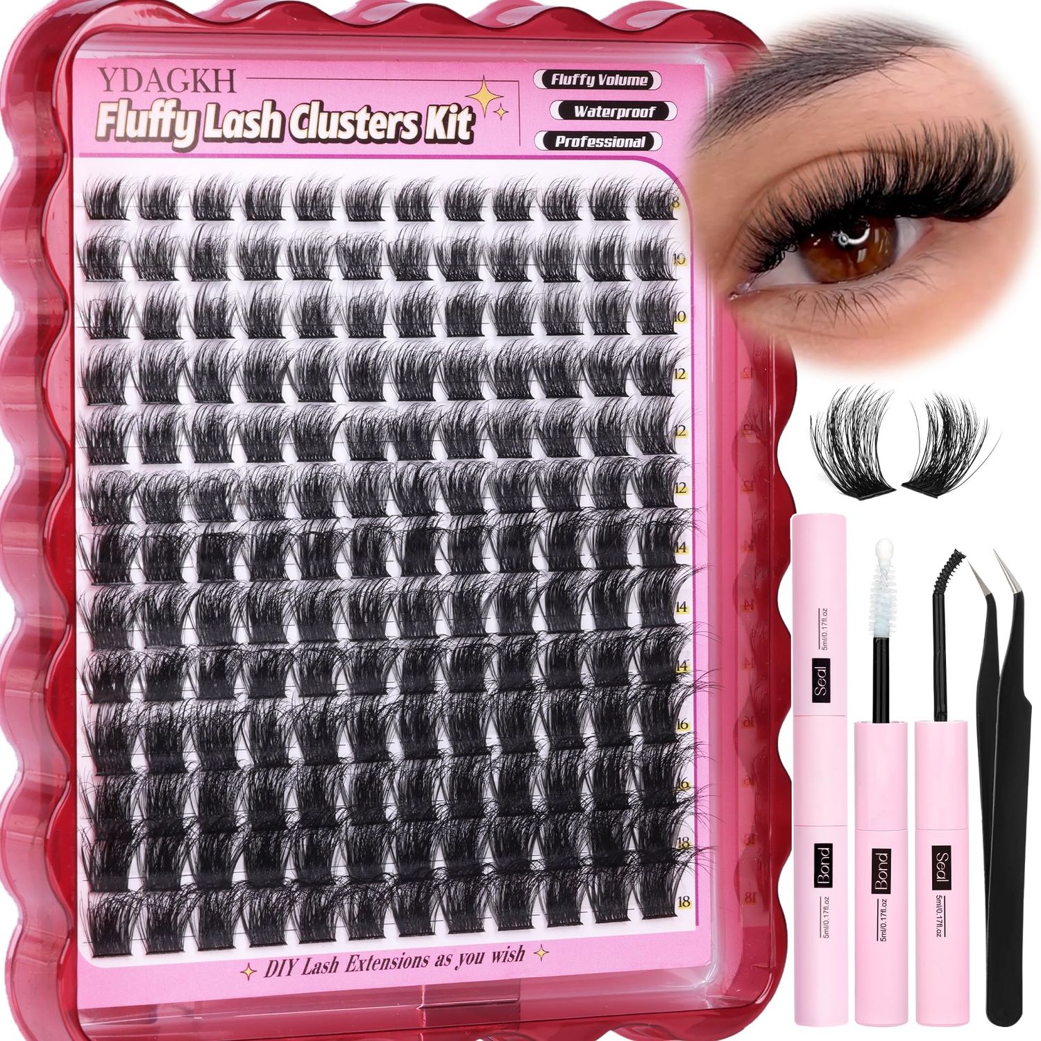 Fluffy Lash Clusters Kit Volume Lash Extensions Kit 8-18mm Thick DIY Individual Lashes Kit D Curl 156pcs Eyelash Clusters Kit with Lash Bond and Seal Thin Band Cluster Eyelash Extensions by YDAGKH
