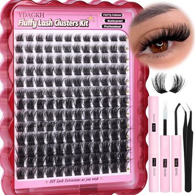 Fluffy Lash Clusters Kit Volume Lash Extensions Kit 8-18mm Thick DIY Individual Lashes Kit D Curl 156pcs Eyelash Clusters Kit with Lash Bond and Seal Thin Band Cluster Eyelash Extensions by YDAGKH