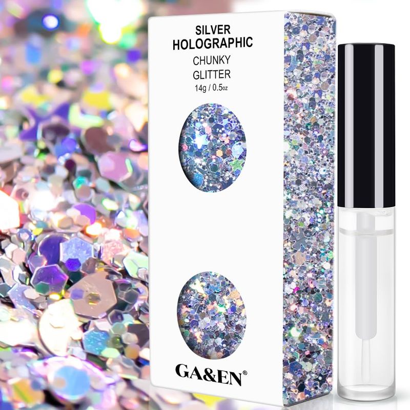 Silver Holographic Chunky Glitter Cosmetic Body Hair Face Eye Nail for Festival Carnival Concert Party Beauty Rave Accessories Different Sizes&amp;Shapes 2 Pots 14g0.5oz Quick Dry Primer Glue Gel