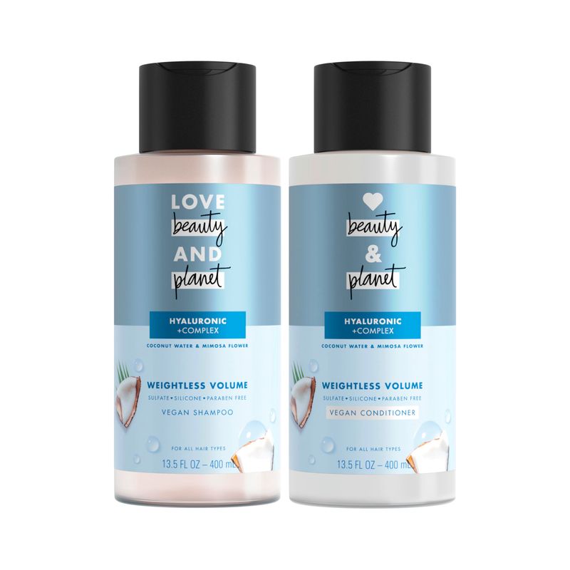 Love Beauty and Planet Volume and Bounty Thickening Coconut Water &amp; Mimosa Flower Shampoo and Conditioner, 2 count Paraben Free, Silicone Free, and Vegan 13.5 oz