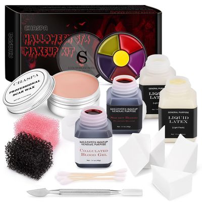 CHASPA Halloween Liquid Latex Special Effects SFX Makeup Kit - Scar Wax  2 Btl Liquid Latex  2 Btl Fake Blood  Spatula Tool  2Pcs Stipple Sponge  4Pcs Makeup Sponges  Cotton Swabs