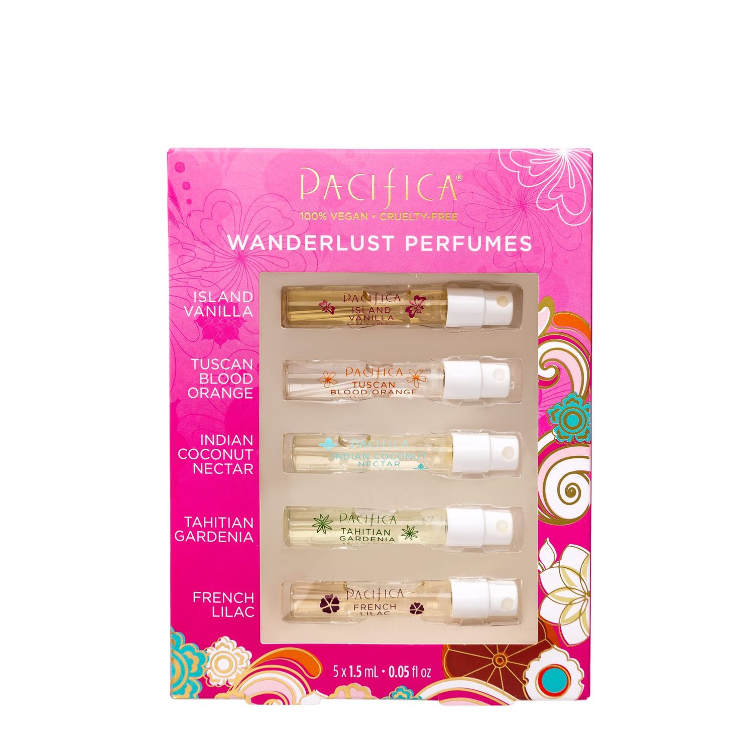 Pacifica Beauty, Wanderlust Spray Perfume Trial Set, Island Vanilla, 5 Scents, Fragrance Sampler Gift Set, Natural &amp; Essential Oils, Clean, Vegan &amp; Cruelty Free