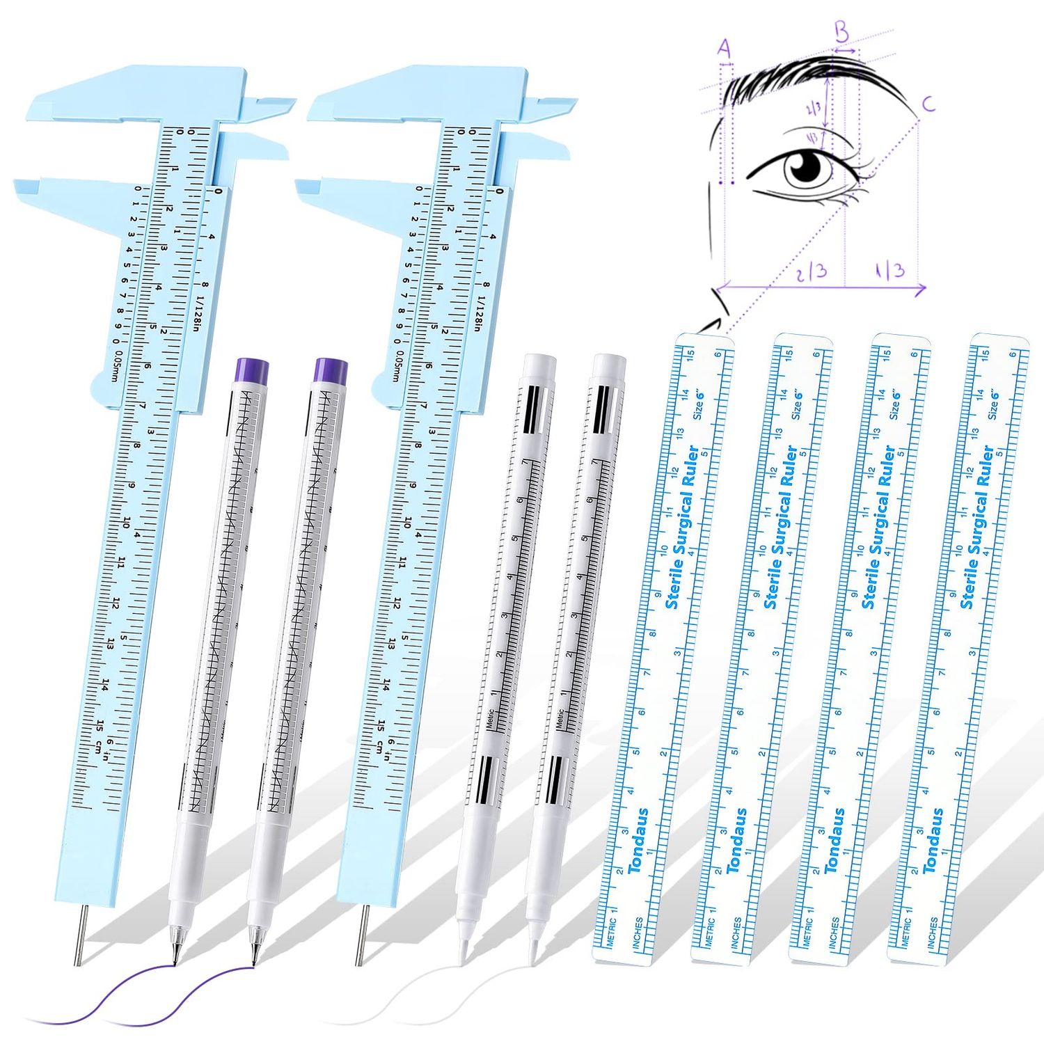 10 Pcs Eyebrow tools set 2 Eyebrow Measuring Ruler 4 Microblading White Skin Marker Pen 4 Paper Ruler White Skin Marker Eyebrow Permanent Makeup Position Mapping Mark Tools for Artists Eyebrow Skin