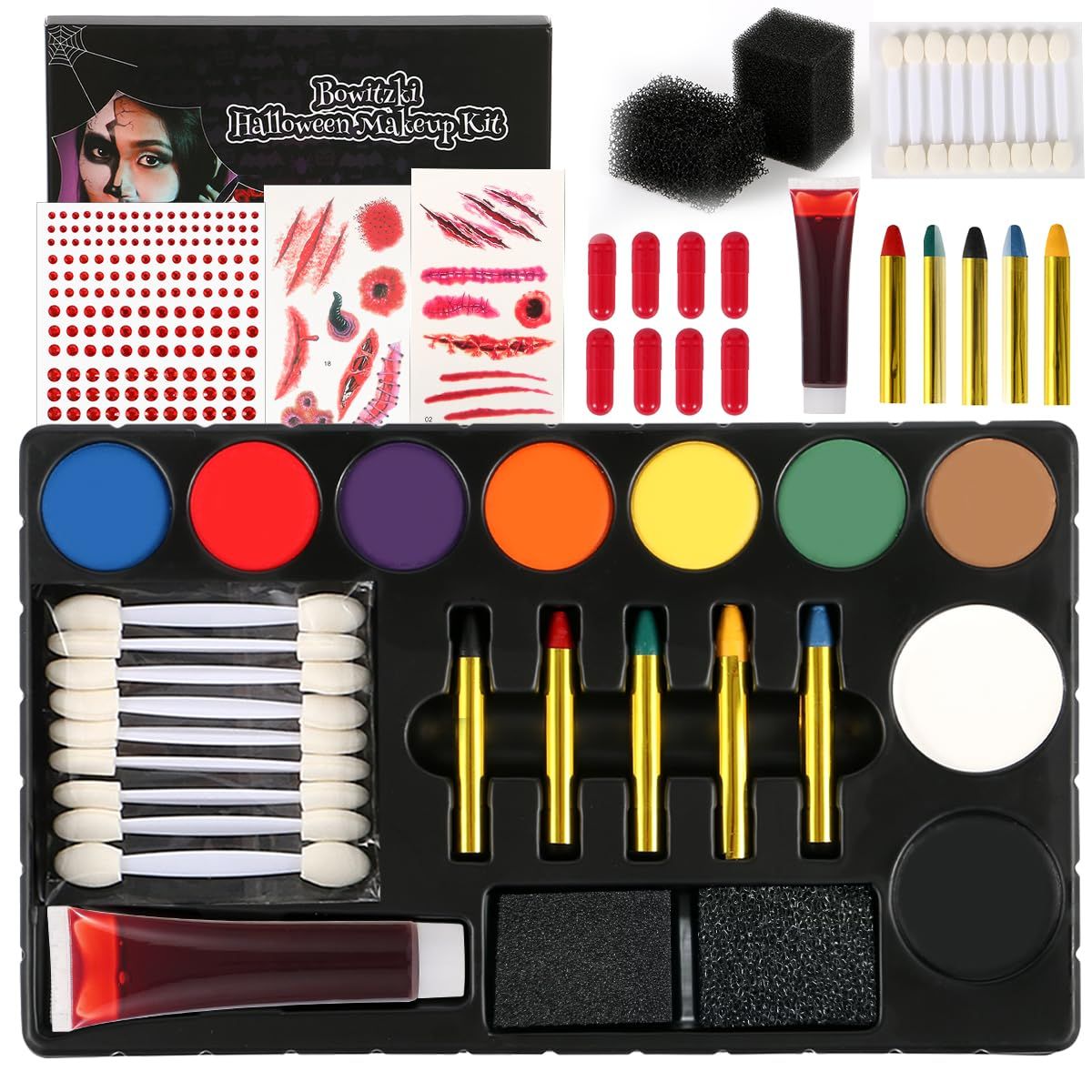 Bowitzki Face Painting Makeup Halloween SFX Kit with 9 colors Oil Based Face Paint,Empty Capsules,Temporary Tattoo Stickers,Fake Blood,Stipple Sponges,5pcs Face Paint Crayons, Applicator,1 sheet gems