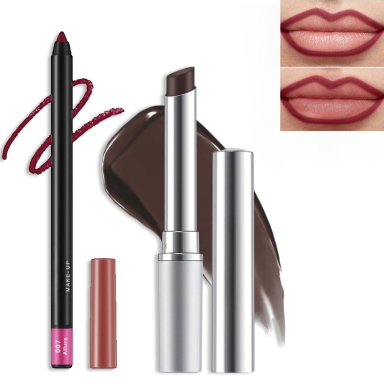 2Pcs Tinted Lip Balm and Lip Liner Set - Moisturizing Lip Crayon and High Shine Gloss, Ultra-Long-Lasting Matte Finish, Ideal Essential Set for Everyday Makeup(#7 ALLURE)