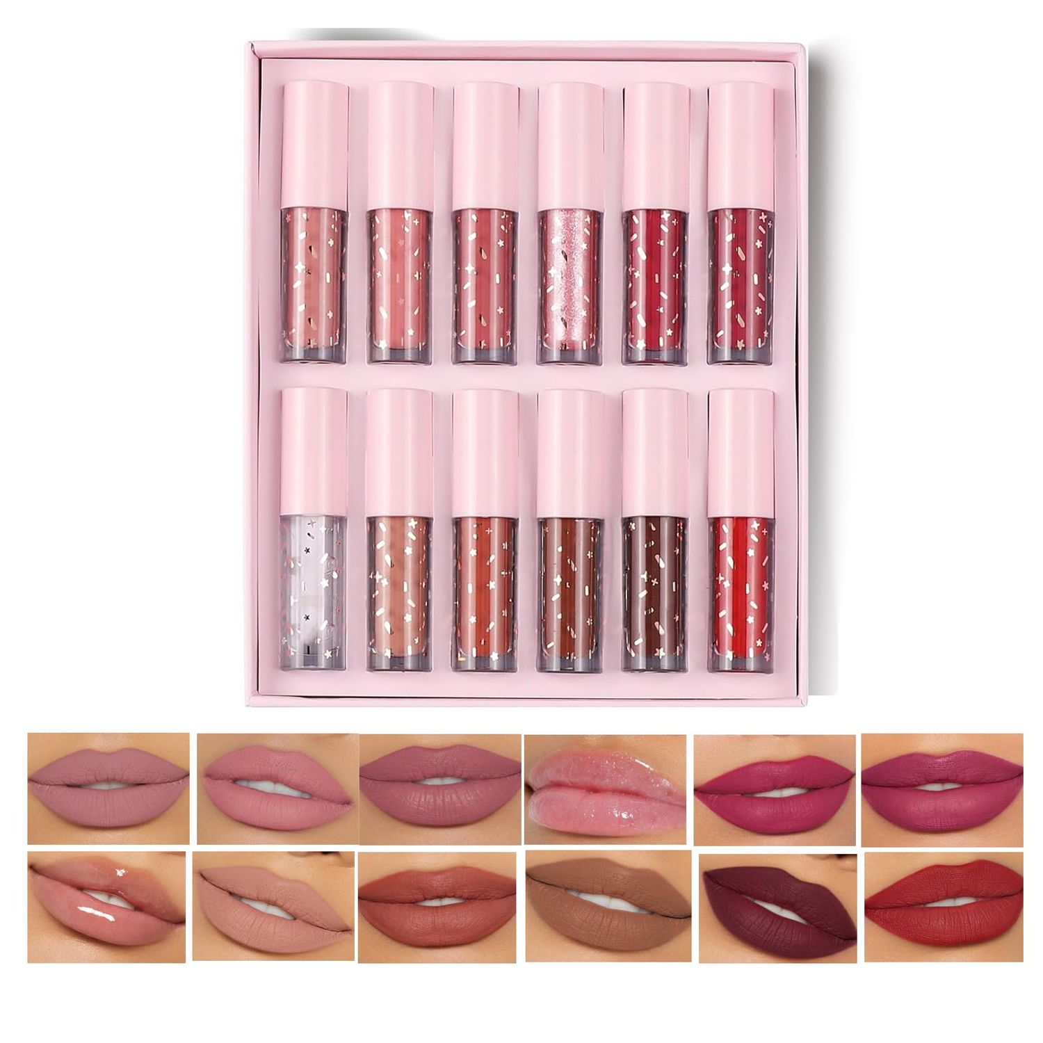 Easilydays 12Pcs Velvet Matte Liquid Lipstick  Lip Gloss Lip Plumper Set Shining Lip Gloss, Waterproof Long Lasting Lip Non-Stick Cup High Pigmented Moisturizing Lipstick Set for Women Girls