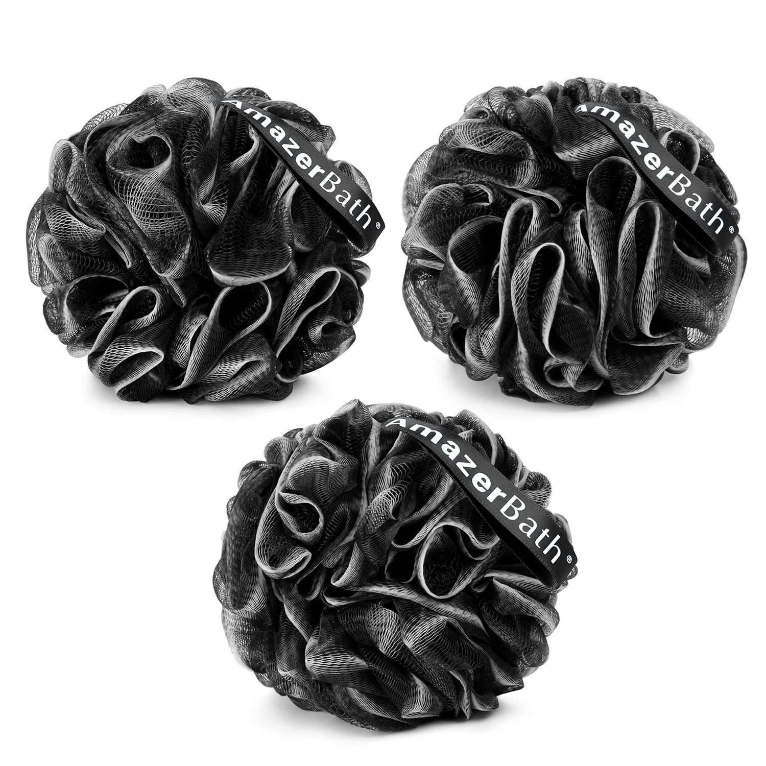 AmazerBath Loofah Sponge, Shower Loofah for Men and Women - Body Scrubber Loofa Set of 3 Classic Black &amp; White Edge, Bath Sponge 60gPCS