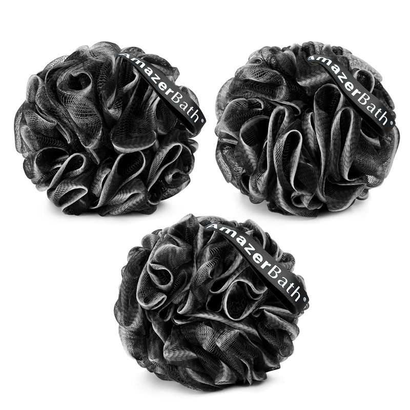 AmazerBath Loofah Sponge, Shower Loofah for Men and Women - Body Scrubber Loofa Set of 3 Classic Black &amp; White Edge, Bath Sponge 60gPCS