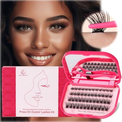 Self Adhesive Eyelashes - 48PCS Pre Glued Lash Clusters Kit With Tweezers,1 Step Press On Lashes Clusters 10-16MM D Curl, DIY Lash Extension Kit No Glue Needed,Lash Case With Mirror,Dense &amp; Lush Lash