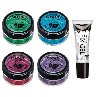 Biodegradable Eco Glitter Shakers by Moon Glitter - 100% Cosmetic Bio Glitter for Face, Body, Nails, Hair and Lips - 5g - Set of 4 - plus Glitter Fix Gel